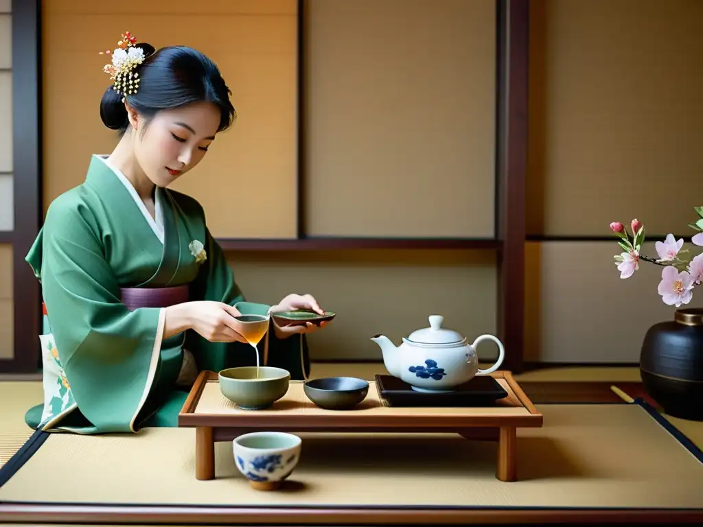 Una hermosa ceremonia del té japonés con mesa elegante, ikebana, kimonos y cartas Hanafuda, reflejando la serenidad y la historia de Hanafuda