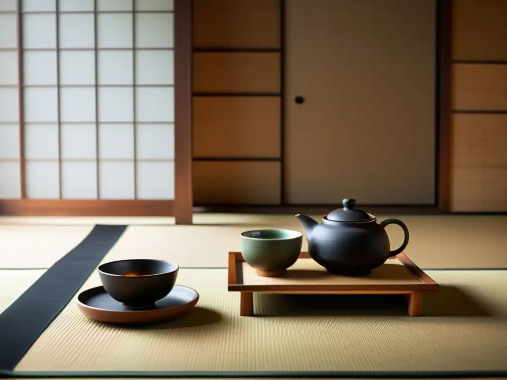 Una hermosa ceremonia del té japonés en un sereno tatami con una hermosa belleza funcional en cerámica asiática