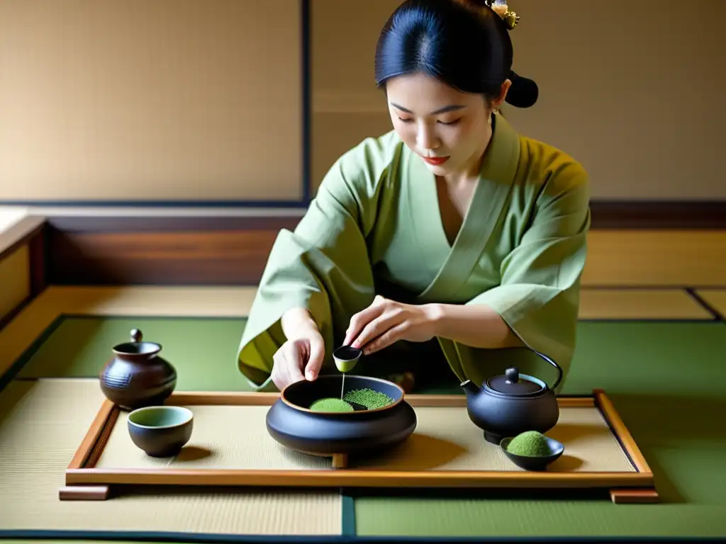 Una hermosa ceremonia del té japonesa, con el maestro preparando meticulosamente el matcha en un elegante tatami