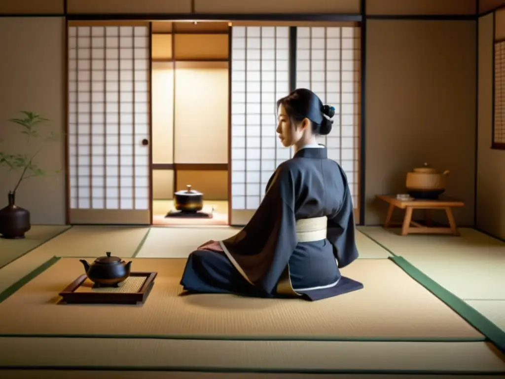 Una hermosa ceremonia del té japonesa en una sala minimalista