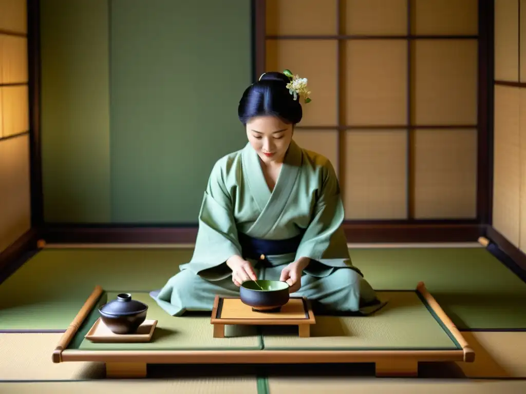 Una hermosa ceremonia del té japonesa tradicional se lleva a cabo en una serena sala de tatami en Kyoto, mostrando la cultura japonesa tradicional en Kyoto en toda su elegancia y armonía