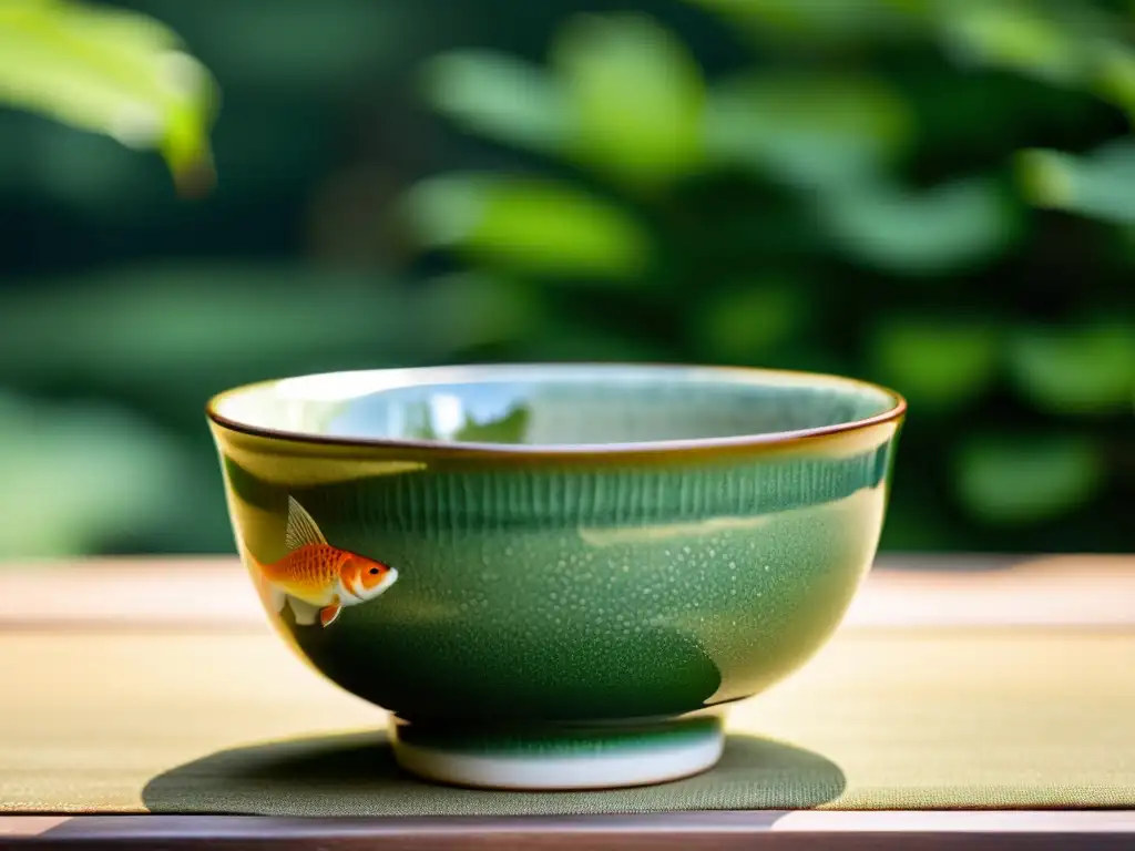 Una hermosa chawan japonesa con craquelado verde en un jardín tranquilo