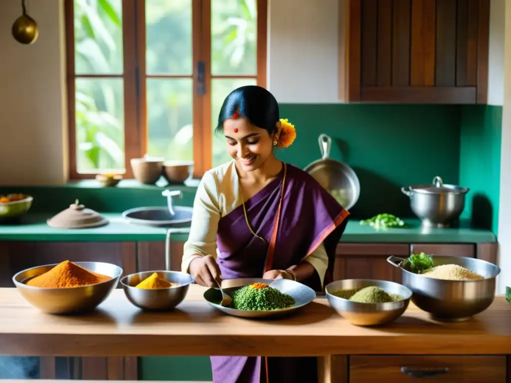 Una hermosa cocina tradicional hindú con especias vibrantes, verduras frescas y utensilios de cocina