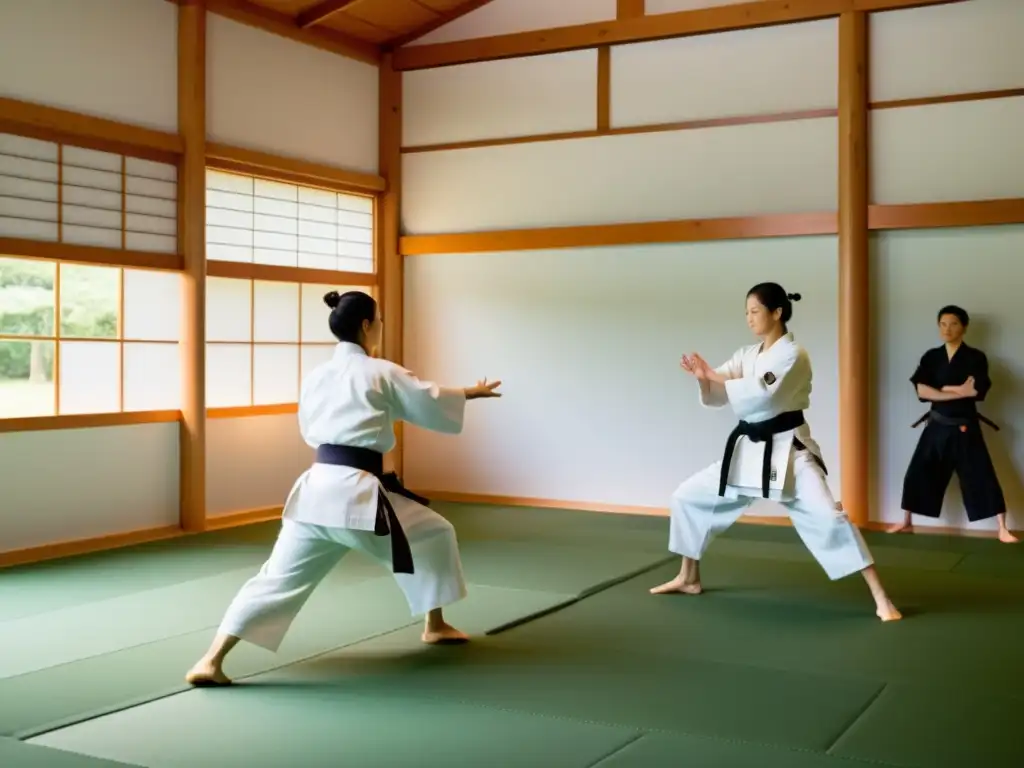 Una hermosa escena en un dojo de Aikido, donde los estudiantes practican movimientos fluidos bajo la guía de un sabio sensei