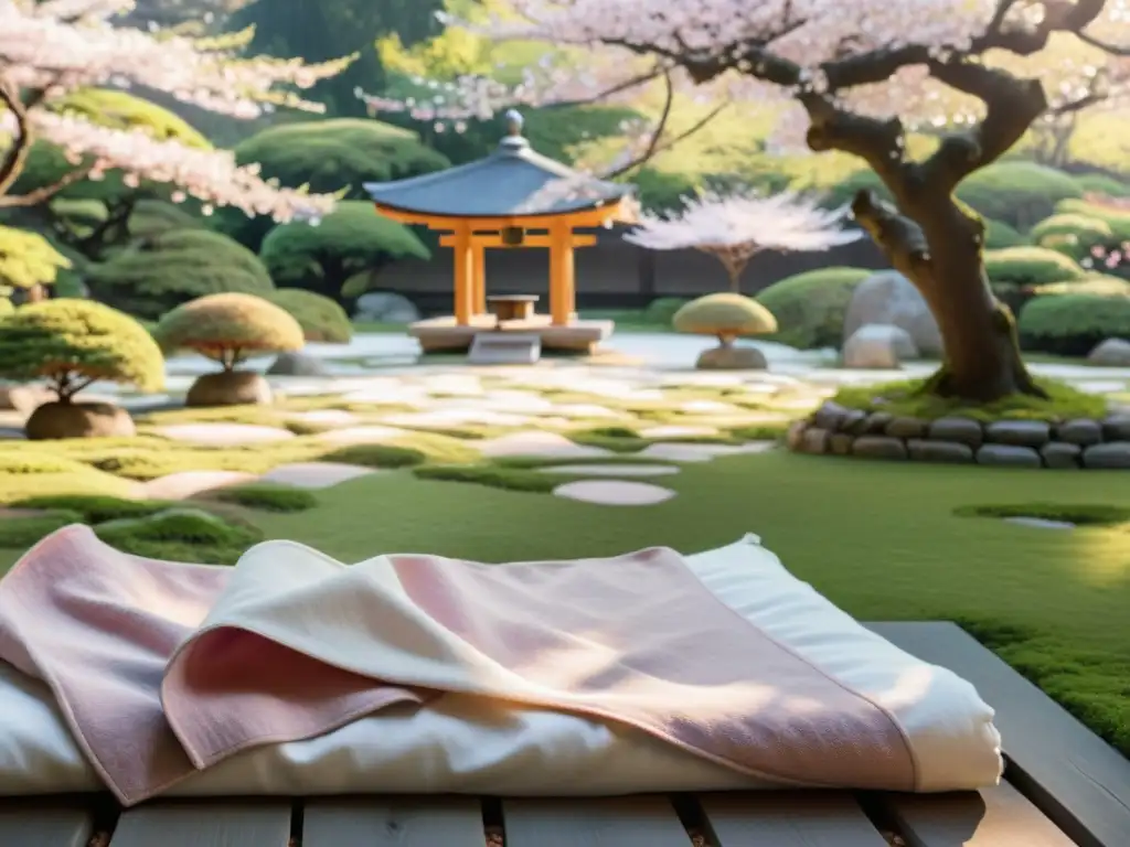 Una hermosa escena de un jardín japonés sereno con cerezos en flor, significado hanami cerezos flor Japón