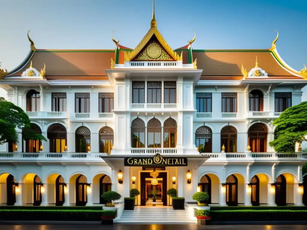 Hermosa fachada del histórico hotel Mandarin Oriental en Bangkok, con detalles arquitectónicos elegantes y exuberantes alrededores