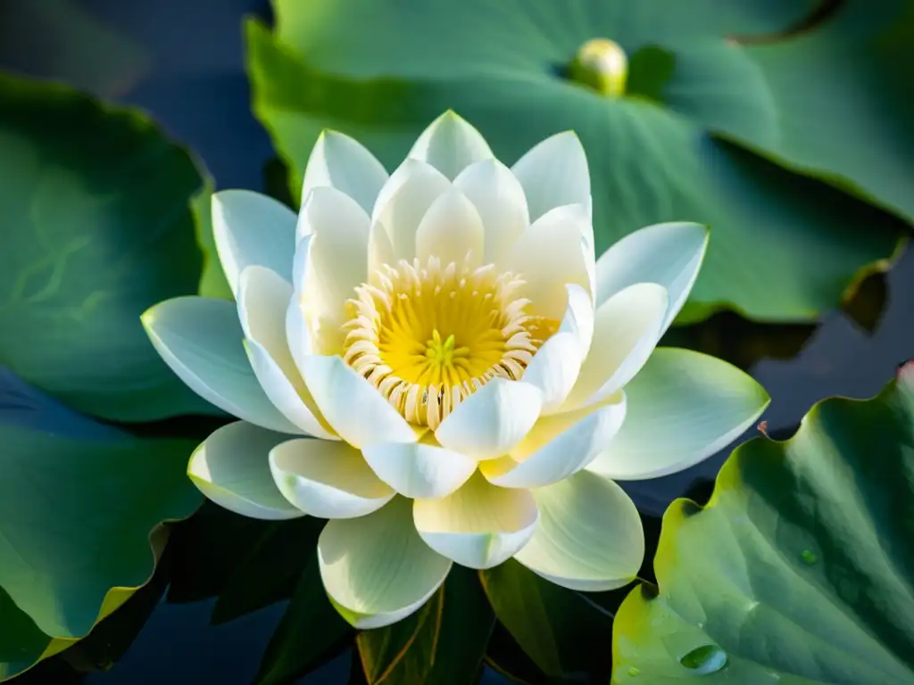 Una hermosa flor de loto blanca flotando en un tranquilo estanque, símbolo clásico del arte asiático