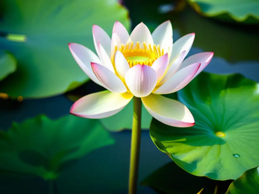 Una hermosa flor de loto rosa con gotas de rocío, rodeada de hojas verdes