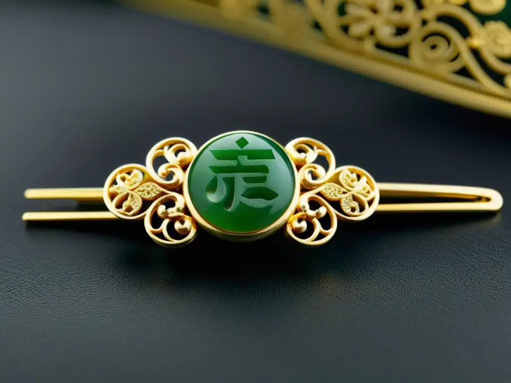 Una hermosa horquilla china de jade y filigrana dorada con simbolismo tradicional, destacada en un elegante fondo de terciopelo oscuro