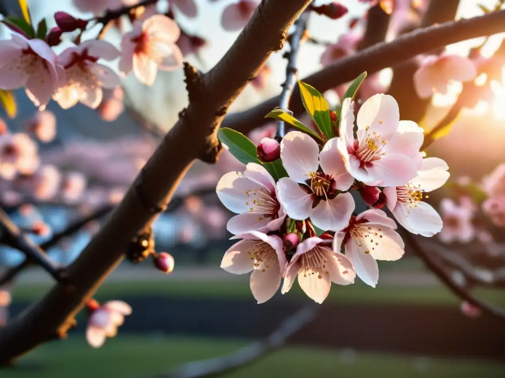 Una hermosa imagen de un árbol de sakura en flor, con pétalos delicados y el suave resplandor del sol poniente