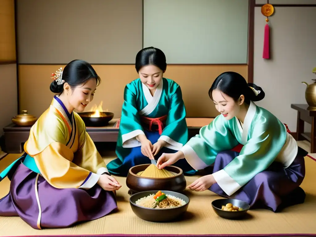 Una hermosa imagen documental de una familia coreana tradicional celebrando Seollal con rituales ancestrales y comida tradicional