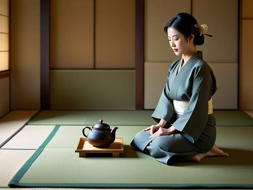 Una hermosa imagen estilo documental de una ceremonia tradicional japonesa del té en una serena y minimalista habitación tatami