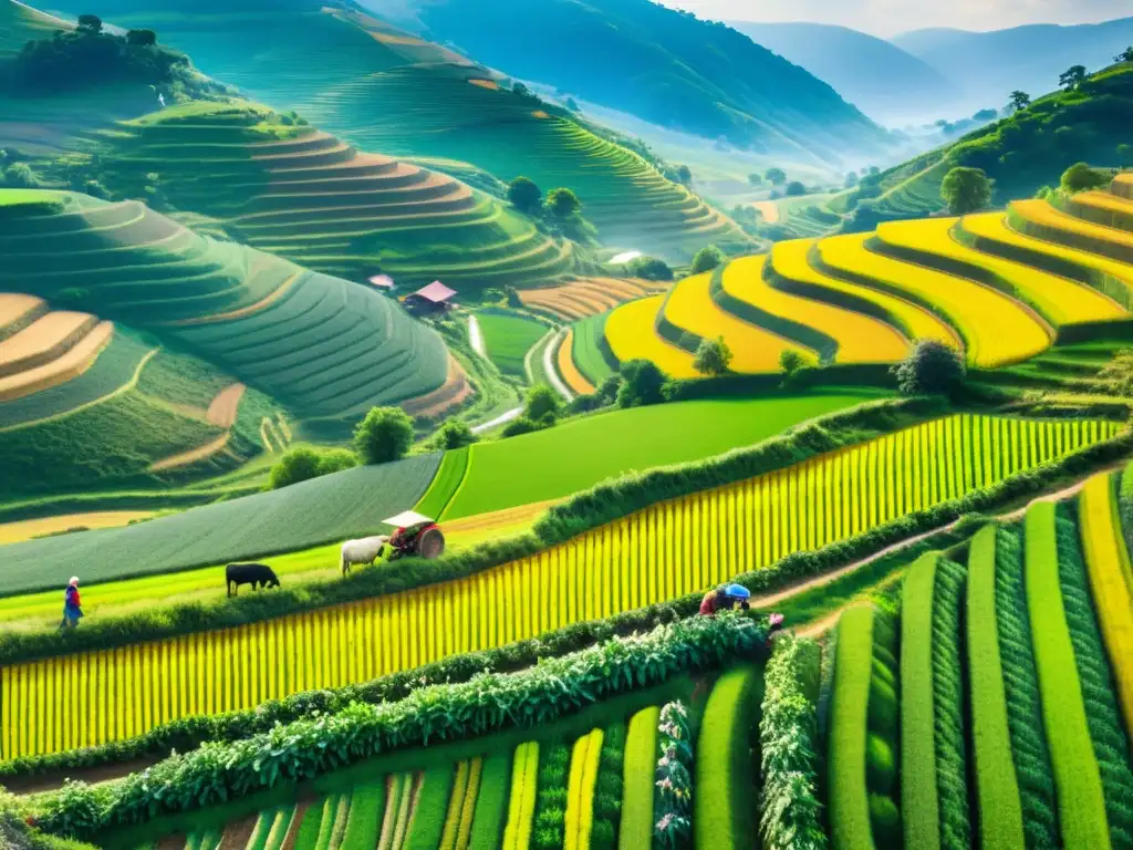 Una hermosa imagen de técnicas agrícolas tradicionales alimentando el mundo moderno en armonía con la naturaleza