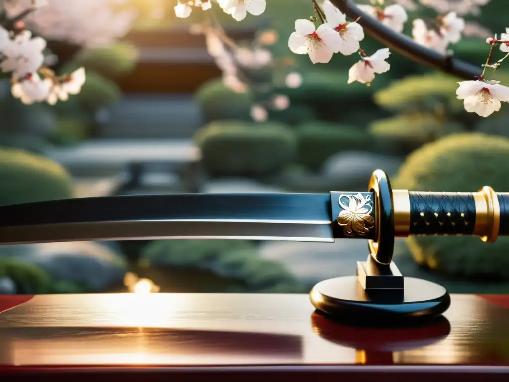 Una hermosa katana descansa en un soporte lacado, con detalles detallados y un fondo de jardín japonés