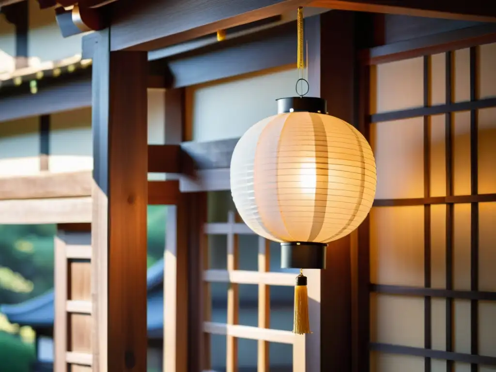 Una hermosa linterna japonesa tradicional iluminando un edificio de madera histórico