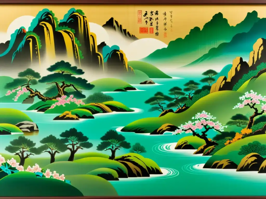 Una hermosa pintura detallada de un pergamino chino de la Edad de Oro de la Poesía China, con escenas vibrantes de la naturaleza y flores de cerezo en flor