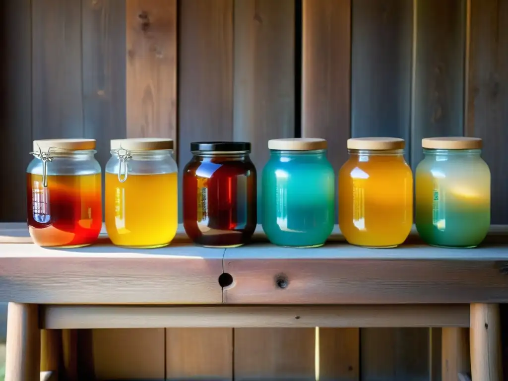 Delicias Fermentadas: Coloridas Jars de Jeotgal Coreano Una hermosa presentación de tarros coloridos de jeotgal coreano en una mesa de madera