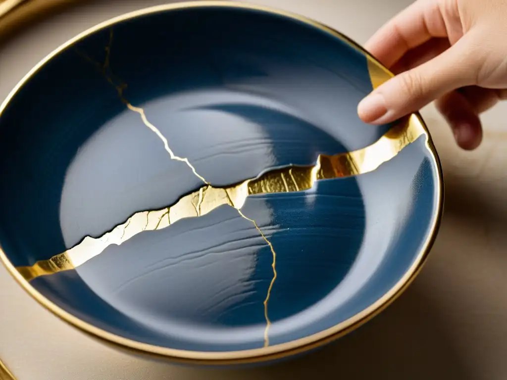 Una hermosa reparación Kintsugi en un cuenco de cerámica roto, simbolizando sanar heridas emocionales con Kintsugi