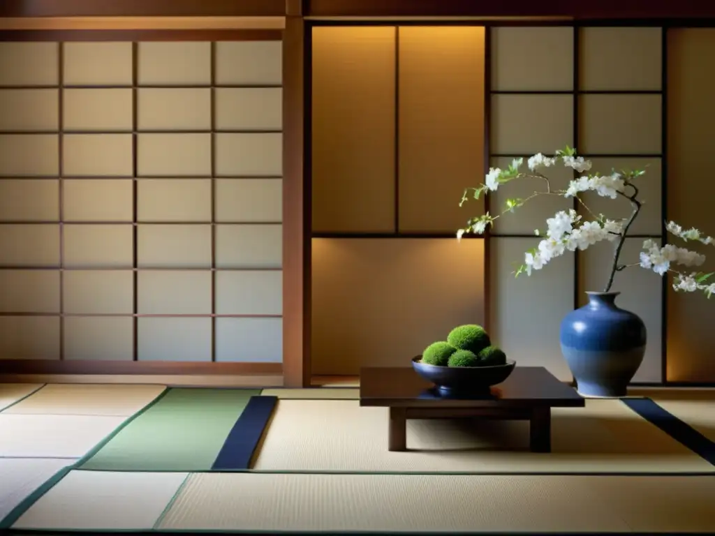 Una hermosa sala de tatami japonesa con un tokonoma, y una composición floral Ikebana