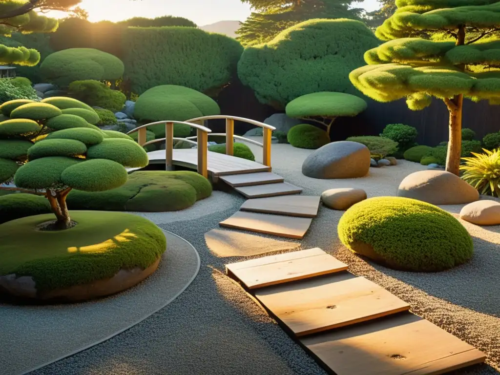 Una hermosa representación de un jardín zen sereno, con árboles podados, un estanque, koi y un ambiente de meditación