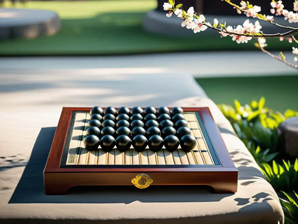 Una hermosa fotografía de un tablero tradicional chino de weiqi, rodeado de un jardín sereno con árboles de cerezo en flor