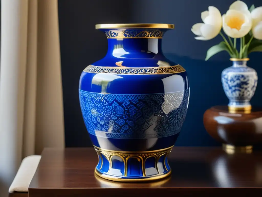 Una hermosa vasija china de cerámica, con motivos pintados a mano en azul cobalto y delicados detalles dorados