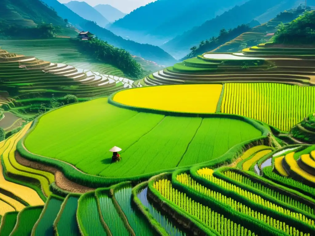 Hermosa vista de arrozales en terrazas con agricultores chinos practicando la fertilización orgánica en la tradicional agricultura china