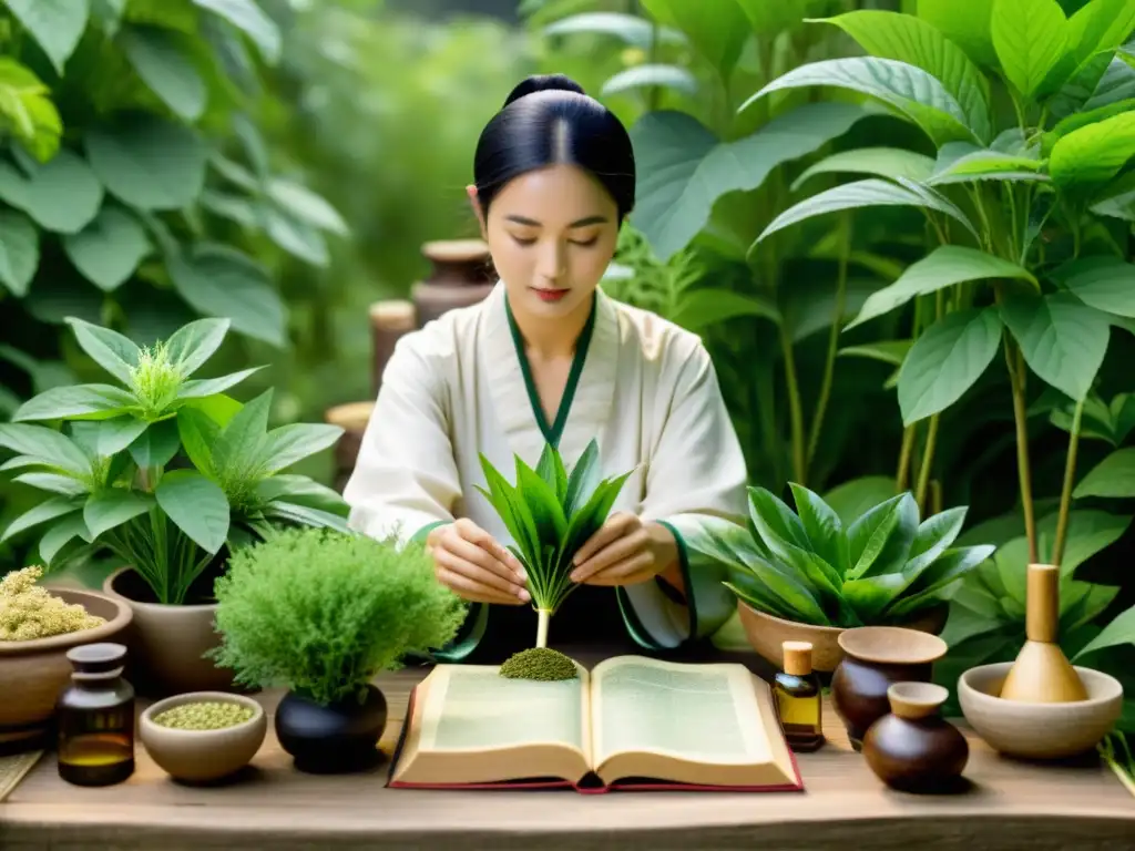 Una hermosa vista de un jardín de hierbas medicinales asiáticas, con un herbolario cosechando ingredientes rodeado de libros antiguos y herramientas