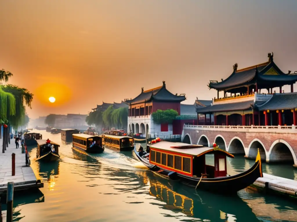 Un hermoso atardecer en el Canal Imperial Antigua China, con barcos navegando y reflejos en el agua