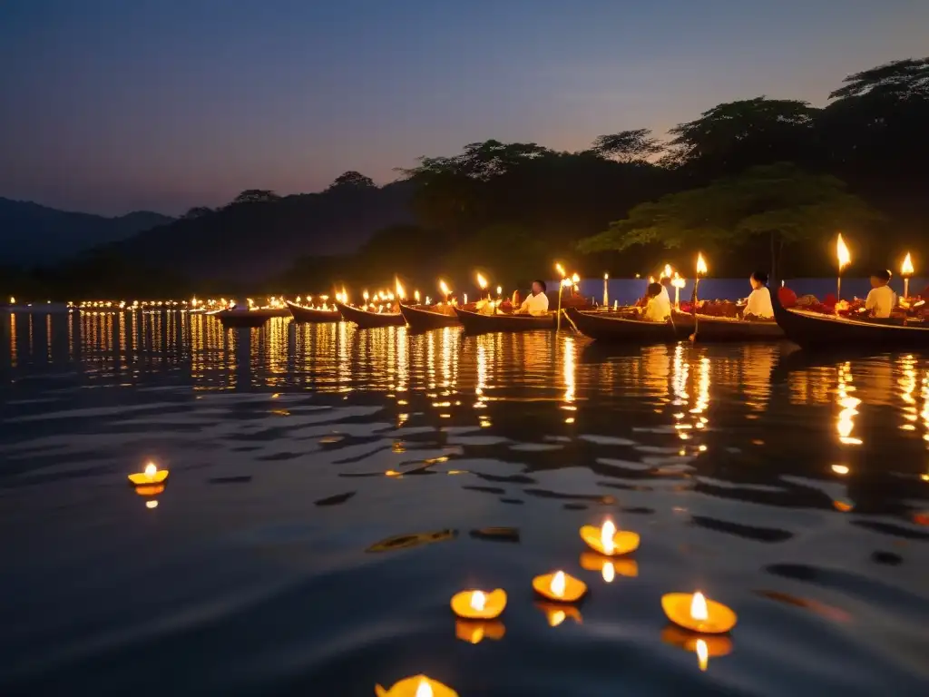 Un hermoso atardecer en el Festival de Loy Krathong, con velas flotantes en el río y personas meditando en la orilla