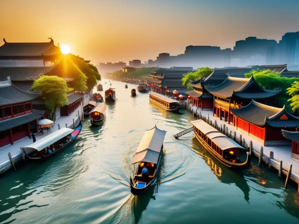 Un hermoso atardecer en el Gran Canal de China, evocando la unificación China dinastía Sui con sus antiguos paisajes y barcos tradicionales