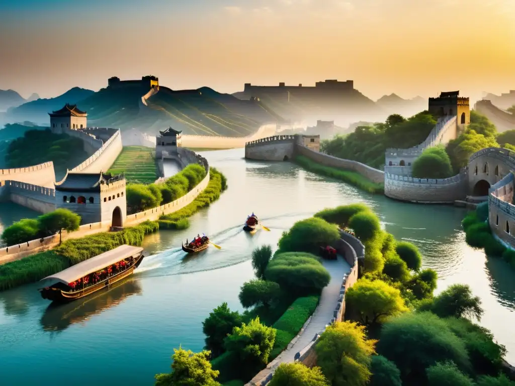 Un hermoso atardecer en el majestuoso Gran Canal de China, con antiguos puentes de piedra y barcos de madera