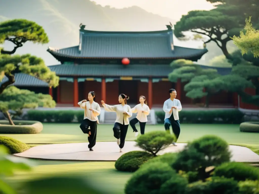 Un hermoso jardín chino donde un grupo practica tai chi, capturando equilibrio y armonía