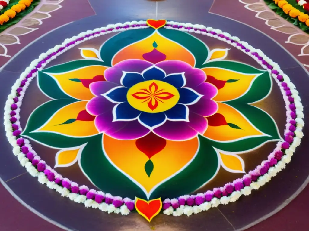 Un hermoso y detallado rangoli hindú adornando la entrada de un templo, con vibrantes colores y símbolos tradicionales