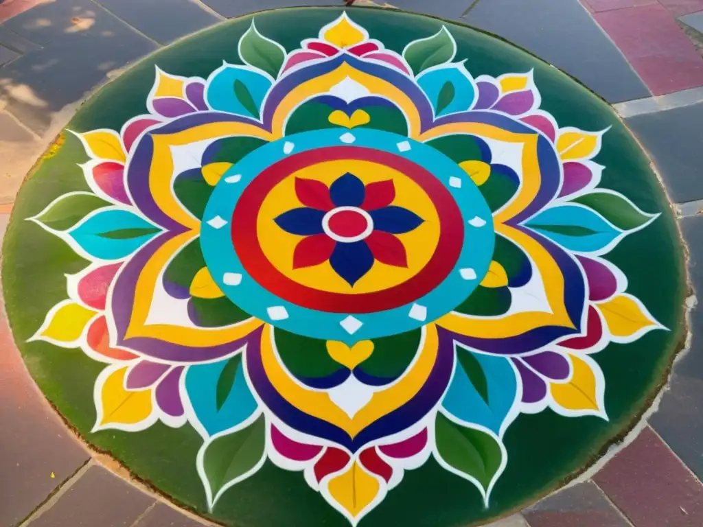 Un hermoso diseño de rangoli en el suelo de un templo hindú durante el festival Vat Purnima, simbolizando amor conyugal y devoción, con patrones y colores vibrantes