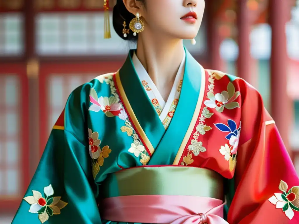 Un hermoso hanbok coreano tradicional, con bordados intrincados y colores vibrantes, se destaca contra la arquitectura tradicional