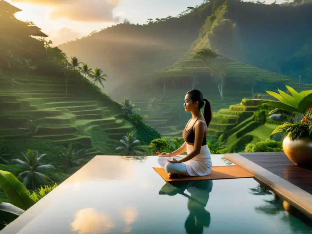 Hermoso hotel spa de lujo en Asia, con vistas a la exuberante naturaleza de Bali y una relajante piscina infinita