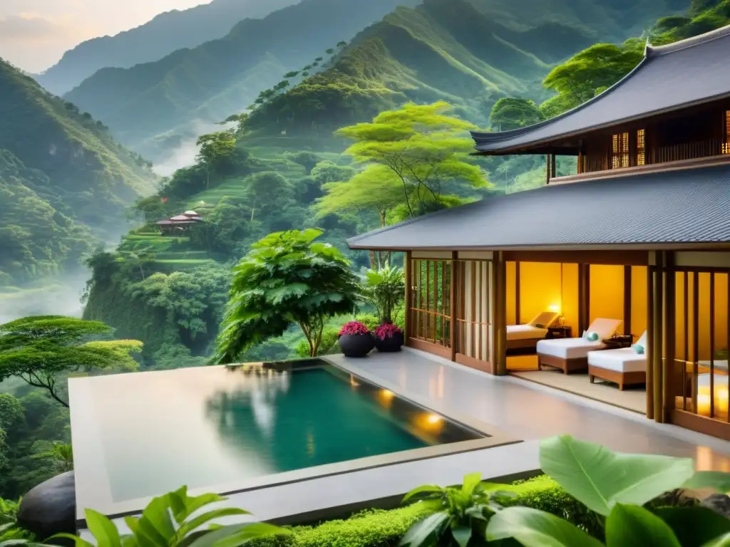 Hermoso hotel spa de lujo en Asia, rodeado de exuberantes montañas verdes y cascadas