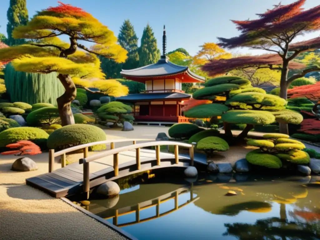 Hermoso jardín japonés con bonsáis, puente de madera y pagoda