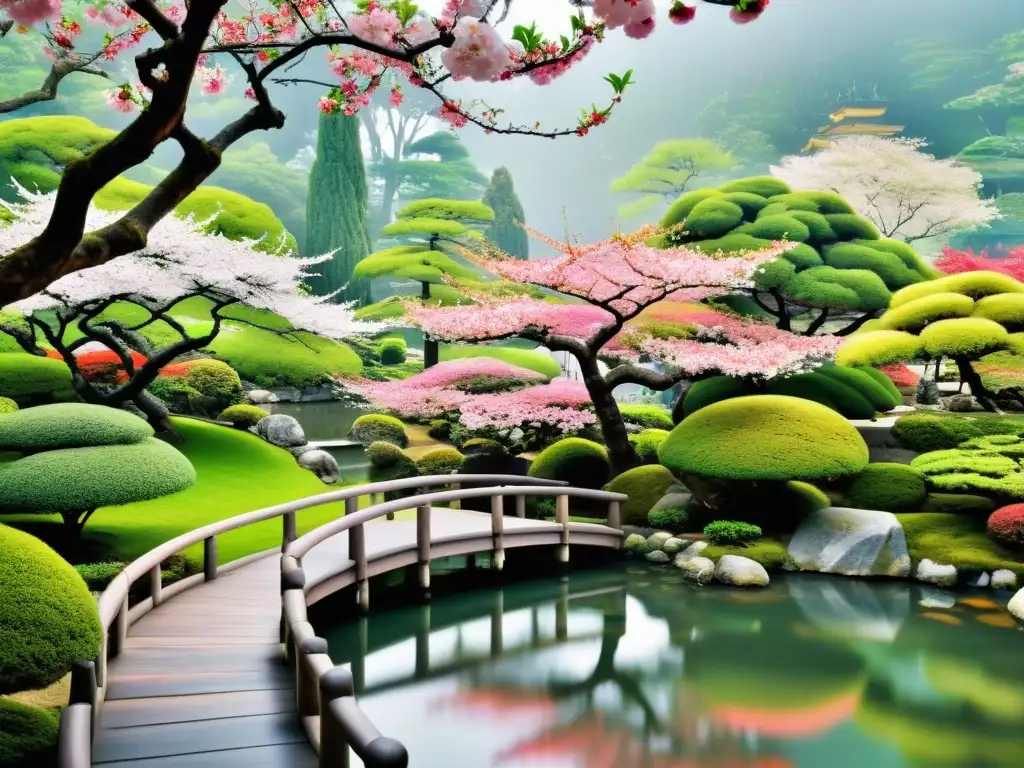 Jardín japonés con cerezos en flor Un hermoso jardín japonés con cerezos en flor, representa la recepción de El Nombre del Viento en Asia, evocando tranquilidad y belleza cultural