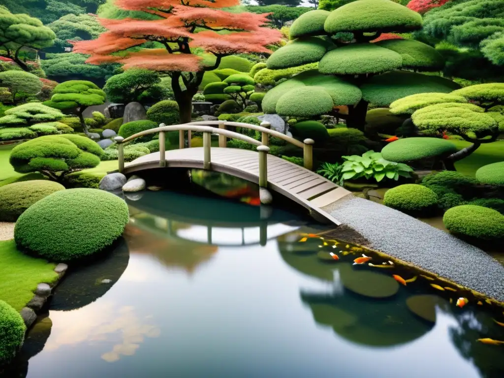 Una fotografía de alta resolución de un hermoso jardín japonés con koi nadando en un estanque, rocas y un puente arqueado