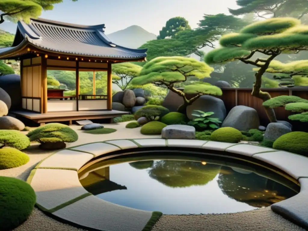 Hermoso jardín zen japonés con herramientas tradicionales de jardinería japonesa, rocas, grava y vegetación exuberante