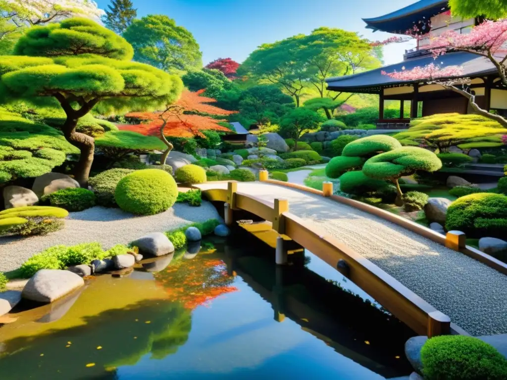 Hermoso jardín japonés con puente de madera, pagoda y herramientas tradicionales de jardinería japonesa