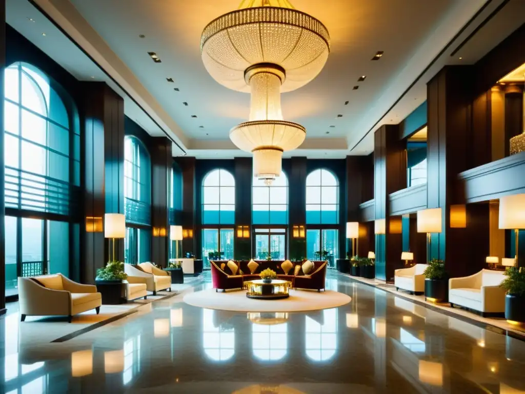 Hermoso lobby de hotel de lujo en Seúl con suelos de mármol, altos techos decorados con candelabros, y áreas de estar de terciopelo