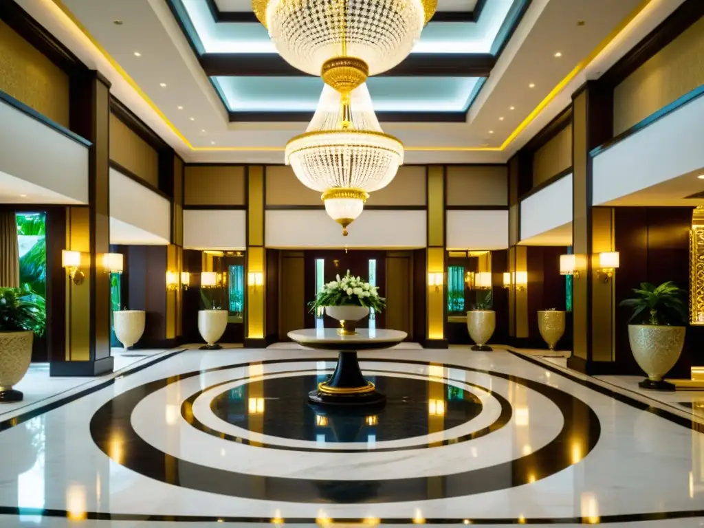 Hermoso lobby de un lujoso hotel en Brunei, con detalles ornamentados y una atmósfera de sofisticación