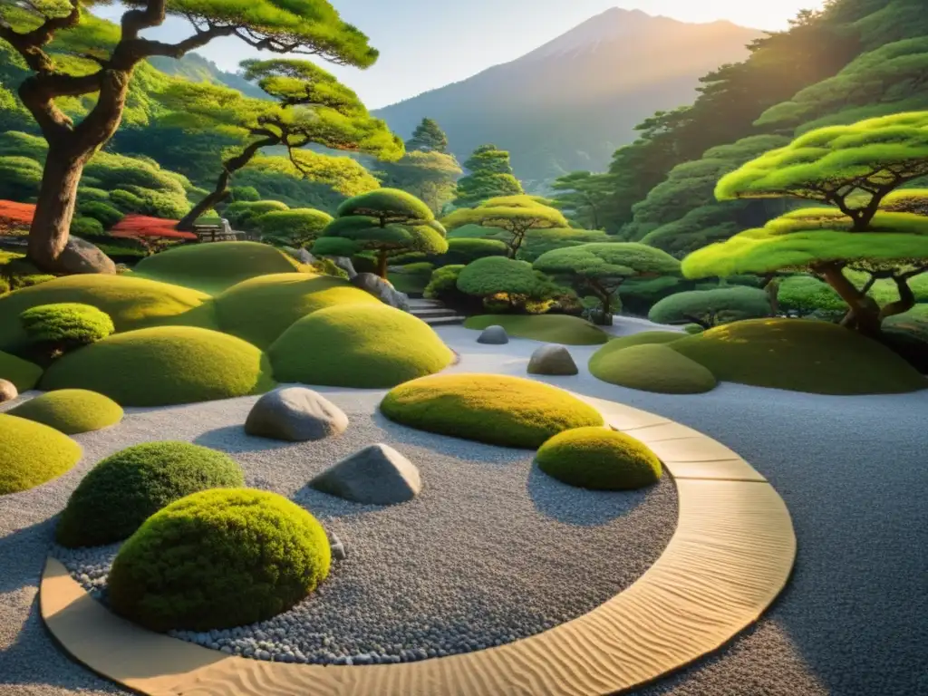 Un hermoso jardín Zen en las Montañas de Japón, con rocas, vegetación exuberante y luz dorada al atardecer