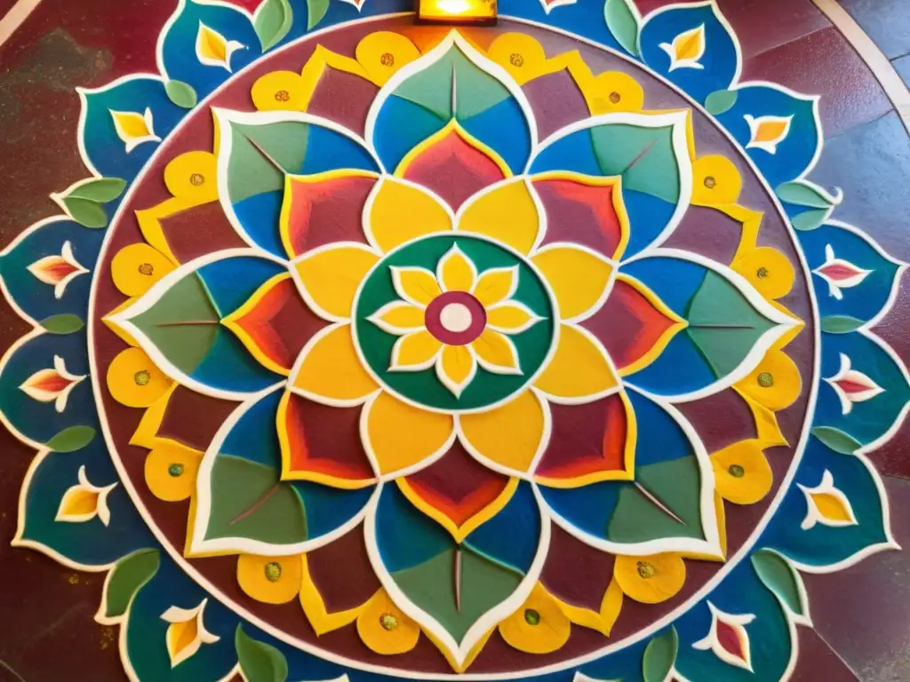 Un hermoso Rangoli hindú de significado cultural, con diseño intrincado y colores vibrantes, iluminado por la luz natural del templo