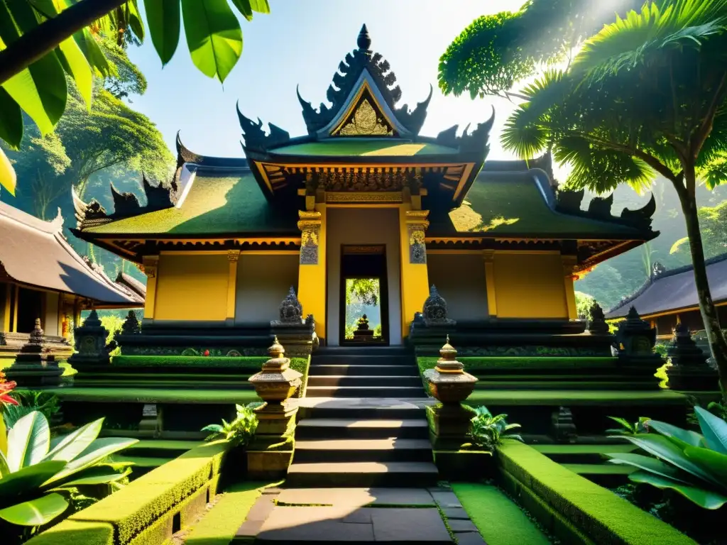 Hermoso templo balinés en medio de exuberante vegetación, con ofrendas religiosas y visitantes respetuosos