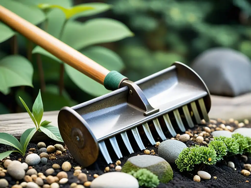 Herramienta tradicional de jardinería japonesa con mango de madera desgastado y tines metálicos brillantes, en un apacible jardín japonés