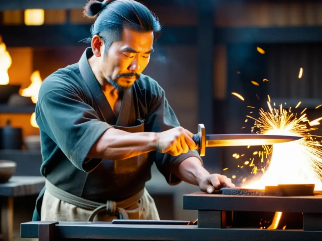 Un herrero japonés experto forja una katana con destreza en una forja tradicional, rodeado de chispas, reflejando el arte moderno de la forja japonesa